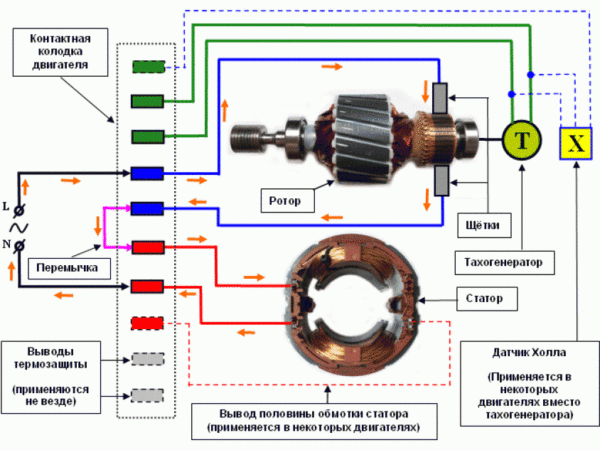 Схема двигатея с термозащитой, регулировкой оборотов