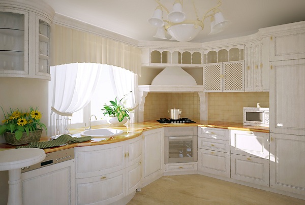 Белая кухня с угловой вытяжкой