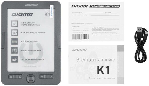 6" Электронная книга DIGMA K1 - размеры: 116x164x9.5 мм, вес: 150 г
