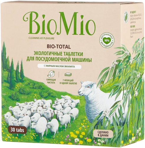 Таблетки для посудомоечной машины BioMio Bio-total - особенности: биоразлагаемое, не тестировалось на животных, растворимая оболочка