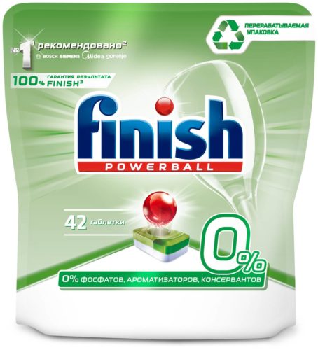 Таблетки для посудомоечной машины Finish Green 0% фосфатов - особенности: биоразлагаемое, растворимая оболочка