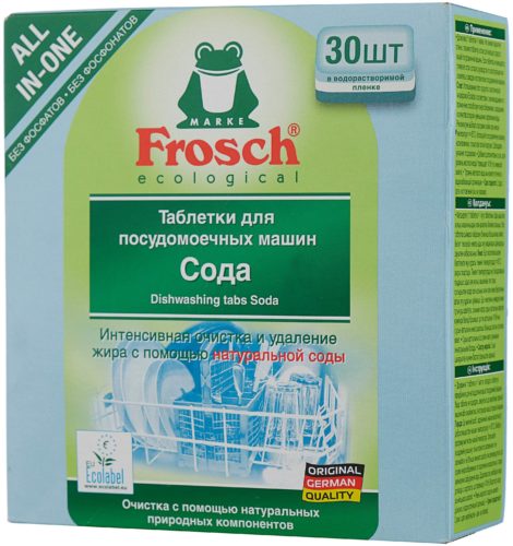 Таблетки для посудомоечной машины Frosch таблетки (сода) - особенности: биоразлагаемое, не тестировалось на животных, растворимая оболочка