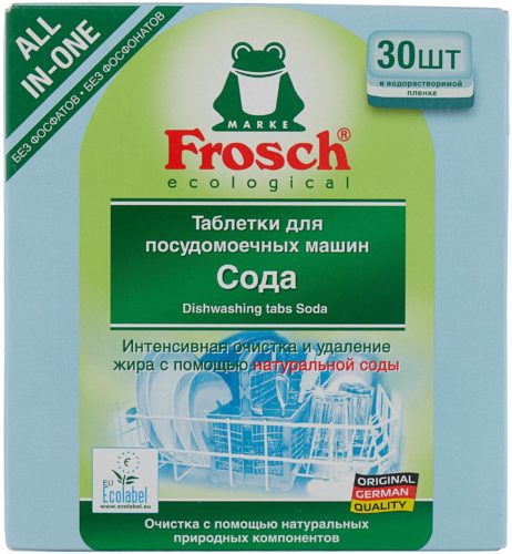 Таблетки для посудомоечной машины Frosch таблетки (сода) - назначение: для защиты от накипи, для мытья в холодной воде, для мытья посуды, для нержавеющей стали, для придания блеска, для стекла