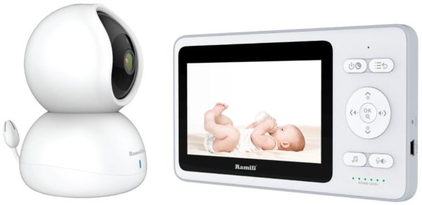 Видеоняня Ramili Baby RV500 - особенности детского блока: голосовая активация (VOX), двусторонняя голосовая связь, колыбельные мелодии, подвижная камера, работа от сети 220 В, термометр, функция ночного видения