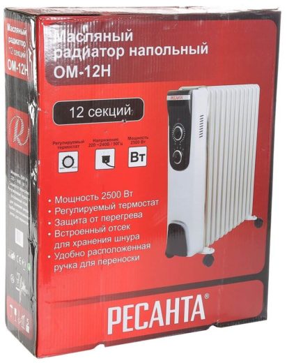 Масляный радиатор ОМ-12Н (2,5 кВт) Ресанта - габариты (ШхВхТ): 54x63x14 см