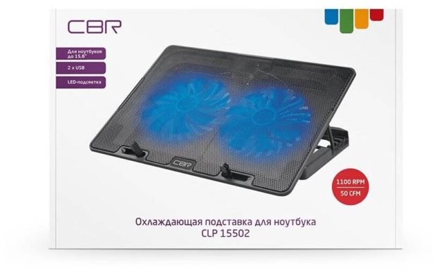 CBR CLP 15502, Подставка для ноутбука до 15,6, 355x255x30 мм, с охлаждением, 2xUSB, вентиляторы 2х125 мм, 50 CFM, LED-подсветка, материал металл/пласт
