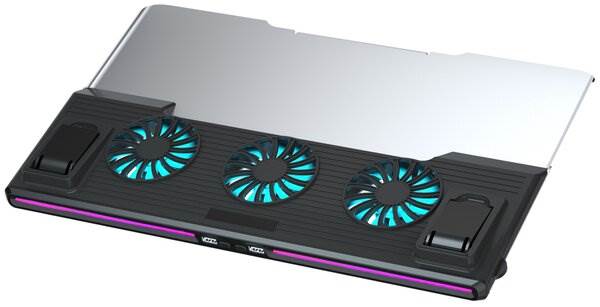 Охлаждающая подставка для ноутбука до 19", 3 вентилятора , 2 USB, RGB, регулировка наклона, алюминиевая, KS-is