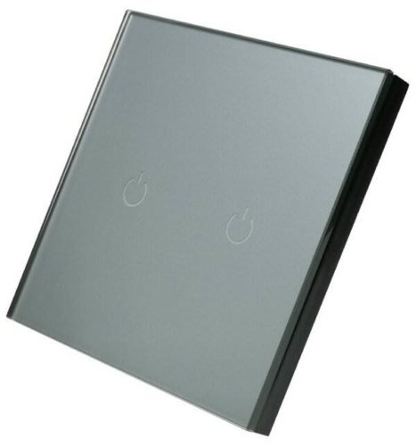 Сенсорный выключатель двухкнопочный с рамкой из закаленного стекла. Цвет: серая передняя панель, черный корпус.