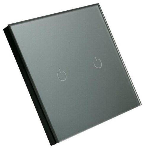 Сенсорный выключатель двухкнопочный с рамкой из закаленного стекла. Цвет: серая передняя панель, черный корпус.