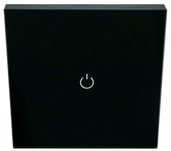 Сенсорный выключатель однокнопочный с рамкой из закаленного стекла. Цвет: передняя панель - золото, черный корпус.